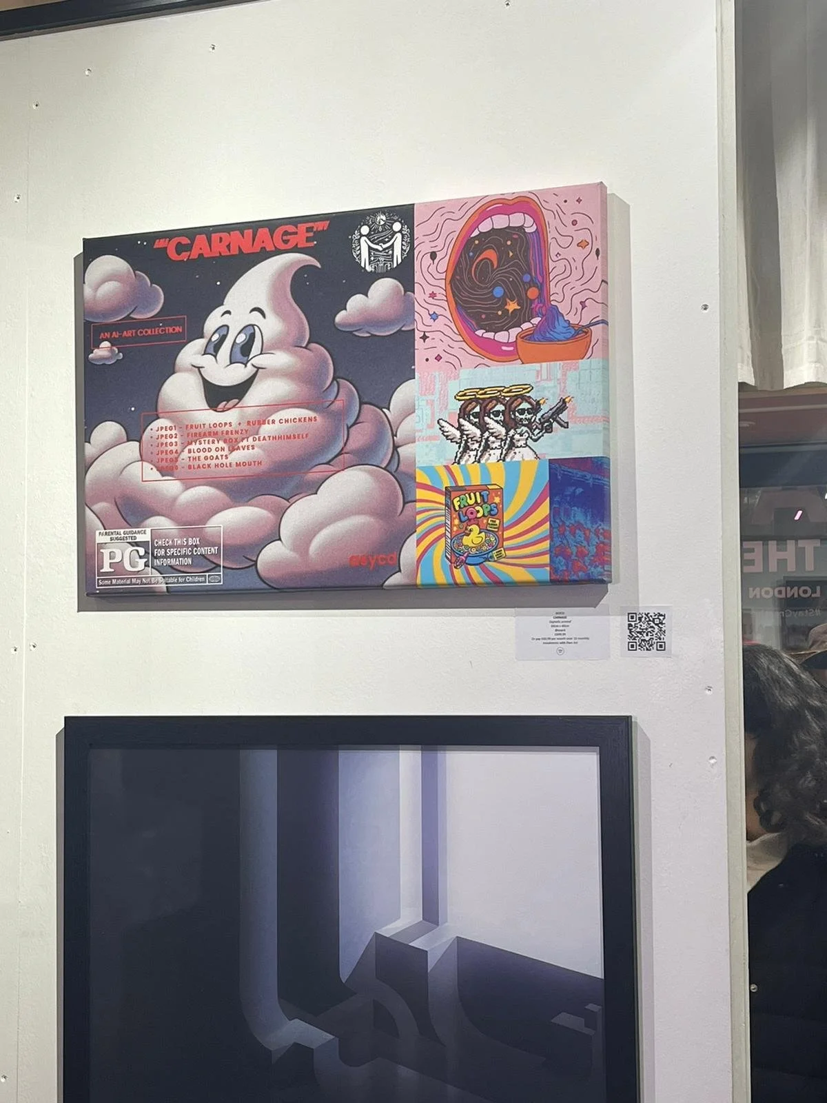 People taking photos of artwork and merchandise display at an art gallery or exhibition.