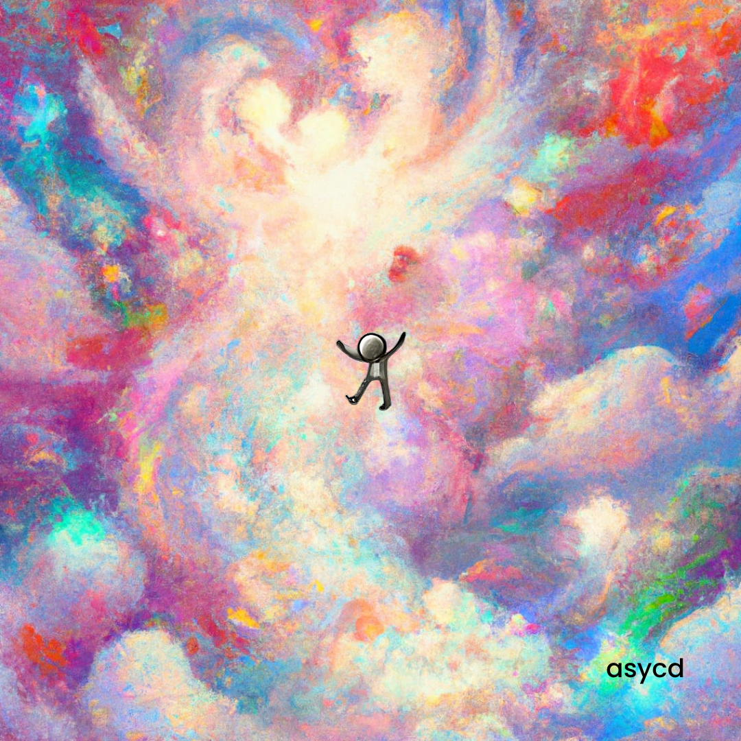 A colorful, abstract, pastel cloudscape with a small, stylized human figure floating upward, arms raised, in the center. There is a heart shape in the upper part of the cloudscape and the word 'asycd' in the lower right corner.