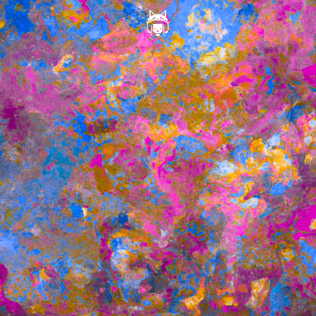 An abstract explosion of pink, blue, orange, and gold colors with a pixelated effect. An animated character with a crown headpiece floats near the top center of the image.