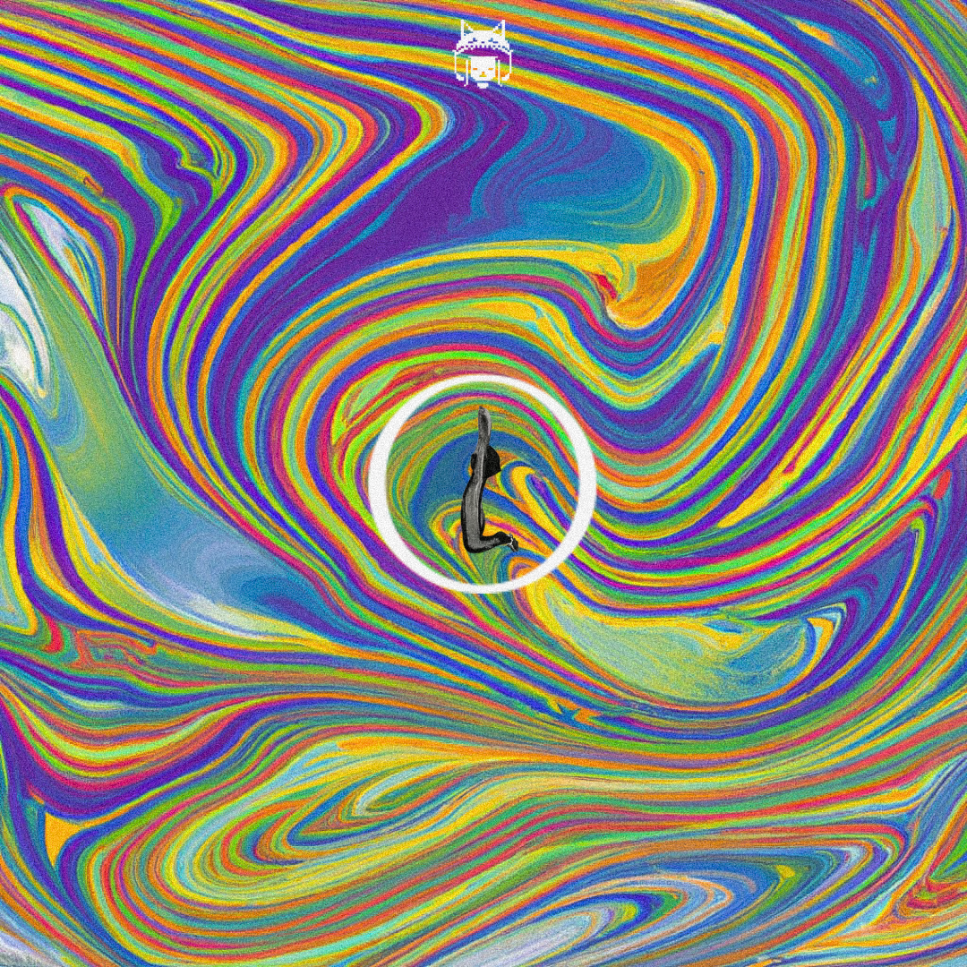 A vibrant, swirling, psychedelic background with colorful marbled patterns. In the center, there is an outline of a person kneeling and reaching upward, enclosed within a white circle. At the top of the image, a pixelated cat graphic is visible.