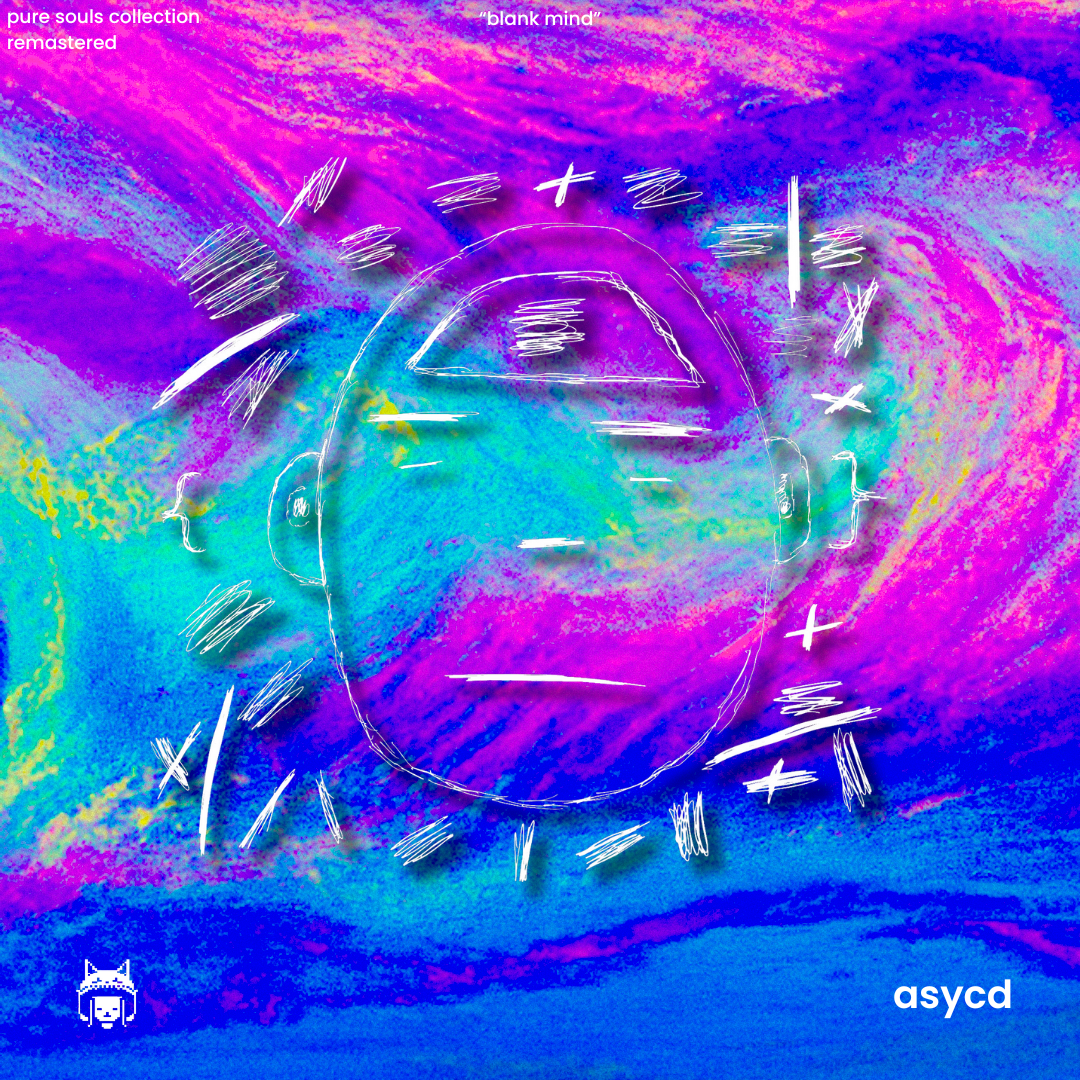 A vibrant, abstract background with swirling pink, purple, blue, and green colors, overlaid with white sketch-like outlines of a sound mixer or equalizer, and text indicating 'pure souls collection remastered' and 'blank mind.'