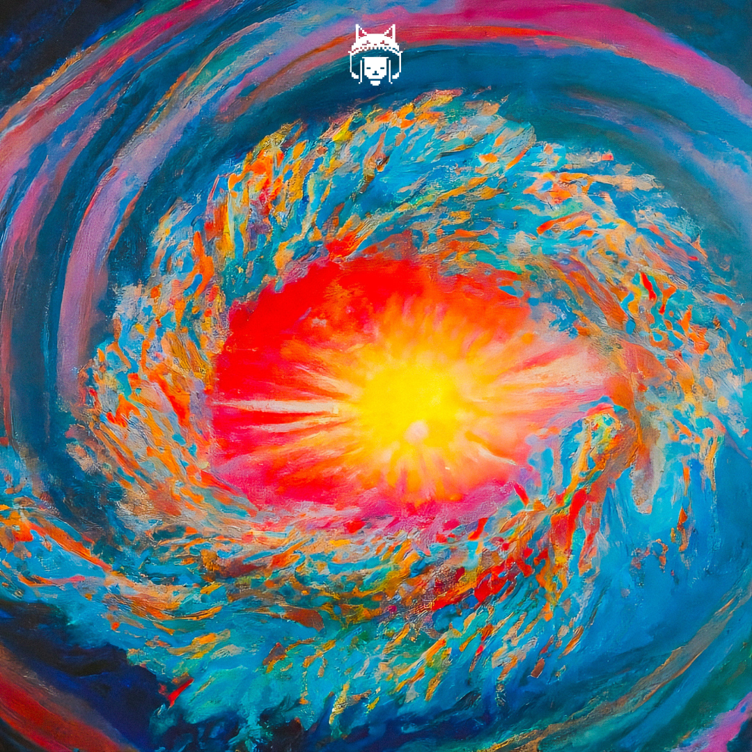 Abstract painting of a swirling cosmic scene with a bright central explosion of yellow, orange, and pink, surrounded by vibrant blue and purple swirling patterns.