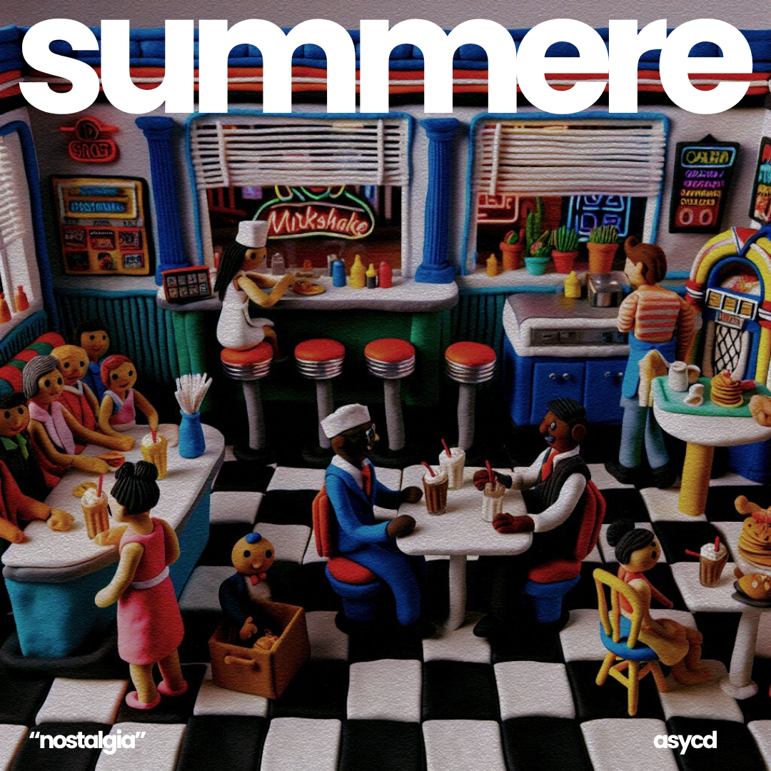 Colorful clay or plasticine scene of a busy diner with customers and staff, including a counter with stools, seating areas, and a checkered floor. The scene has a nostalgic vibe.