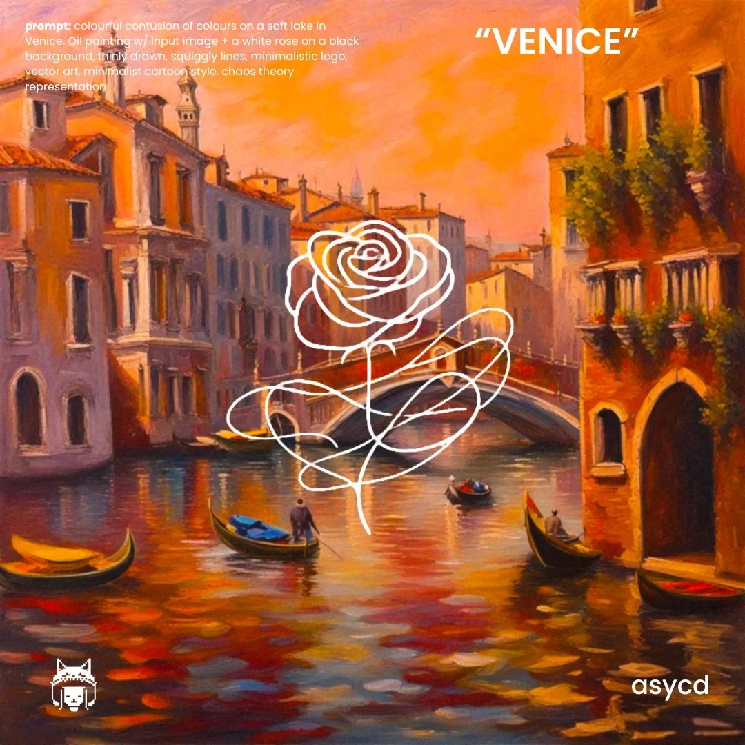 An impressionistic painting of a canal in Venice, Italy, with colorful buildings, boats, and a bridge under a pink-orange sky, with a white line drawing of a rose overlayed.