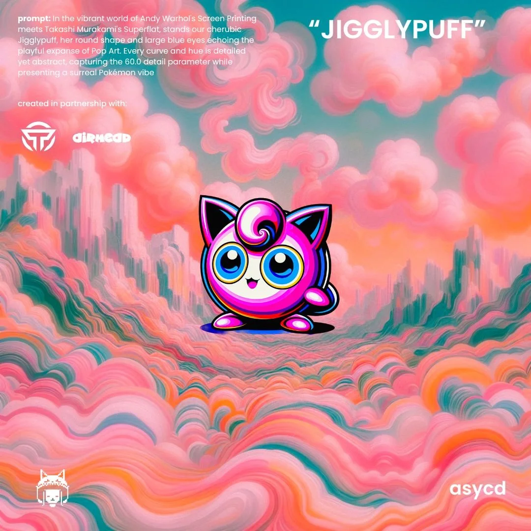 A colorful cartoon cat character with large blue eyes, pink and purple fur, and black ears standing in a landscape of swirling pink clouds and pastel-colored mountains.