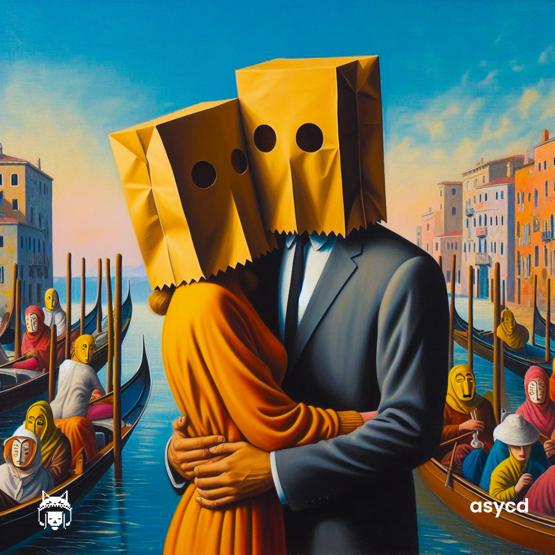 A painting depicts two people embracing with their faces obscured by paper bags with eye holes, standing next to each other. The background features gondolas with masked passengers on a canal in Venice, Italy, with colorful buildings lining the water and a blue sky. The art style is surreal and colorful, reminiscent of 1960s art, with a mix of realistic and abstract elements.