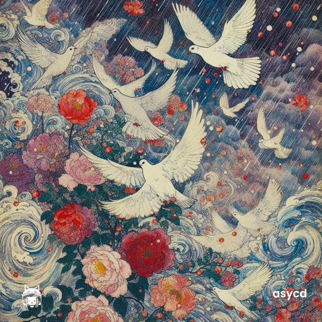 A detailed painting of white doves flying among colorful peonies with rain and splashes of red wine from the sky, inspired by traditional Japanese art.
